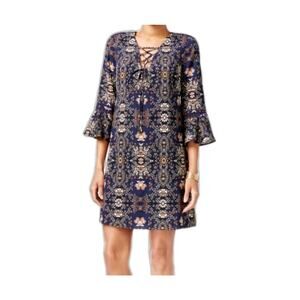 Jessica Simpson Dress XS 2-4 Floral Shift 3/4 Bell Sleeves Tie Front Lace Up